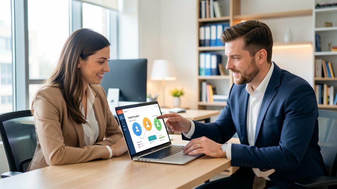 Une responsable marketing et un responsable commercial collaborent autour d’un tableau de bord abstrait pour harmoniser l’évaluation des prospects B2B.