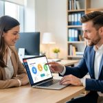 Une responsable marketing et un responsable commercial collaborent autour d’un tableau de bord abstrait pour harmoniser l’évaluation des prospects B2B.