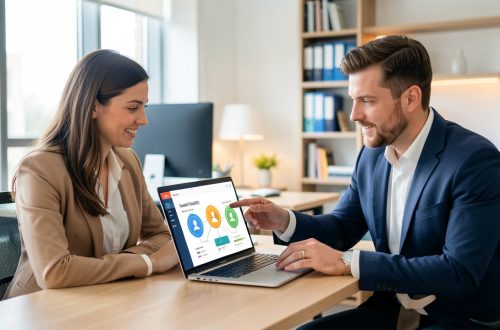 Une responsable marketing et un responsable commercial collaborent autour d’un tableau de bord abstrait pour harmoniser l’évaluation des prospects B2B.