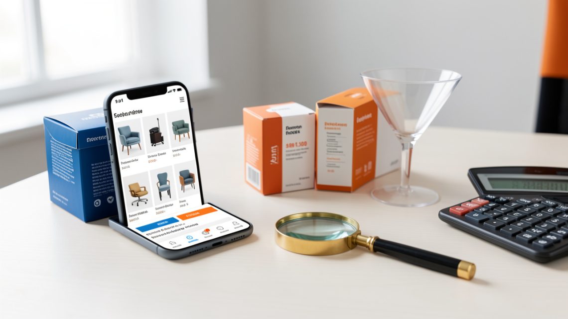 Composition réaliste représentant l’optimisation d’un site e-commerce avec un smartphone, des produits, un entonnoir transparent, une loupe et une calculatrice.