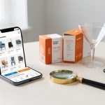 Composition réaliste représentant l’optimisation d’un site e-commerce avec un smartphone, des produits, un entonnoir transparent, une loupe et une calculatrice.