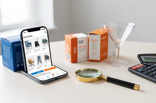 Composition réaliste représentant l’optimisation d’un site e-commerce avec un smartphone, des produits, un entonnoir transparent, une loupe et une calculatrice.