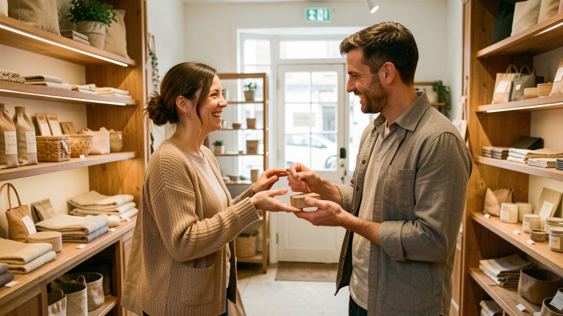 Une cliente revient dans une boutique indépendante et est accueillie chaleureusement par le commerçant, illustrant la fidélisation par une relation personnalisée.