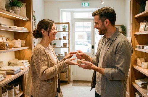 Une cliente revient dans une boutique indépendante et est accueillie chaleureusement par le commerçant, illustrant la fidélisation par une relation personnalisée.