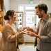 Une cliente revient dans une boutique indépendante et est accueillie chaleureusement par le commerçant, illustrant la fidélisation par une relation personnalisée.