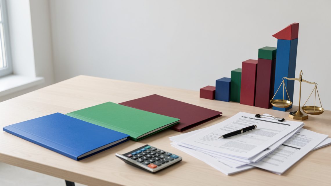 Bureau professionnel présentant trois dossiers vierges de couleurs différentes, une calculatrice, une balance et un graphique abstrait illustrant une décision stratégique après une croissance répétée.