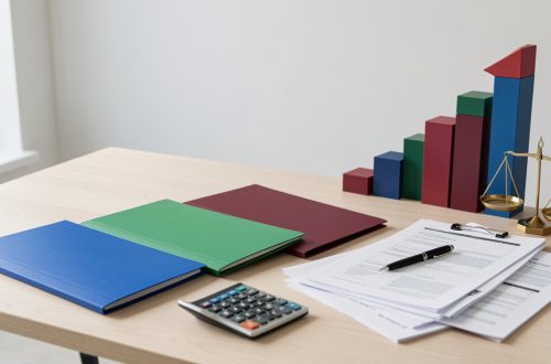 Bureau professionnel présentant trois dossiers vierges de couleurs différentes, une calculatrice, une balance et un graphique abstrait illustrant une décision stratégique après une croissance répétée.
