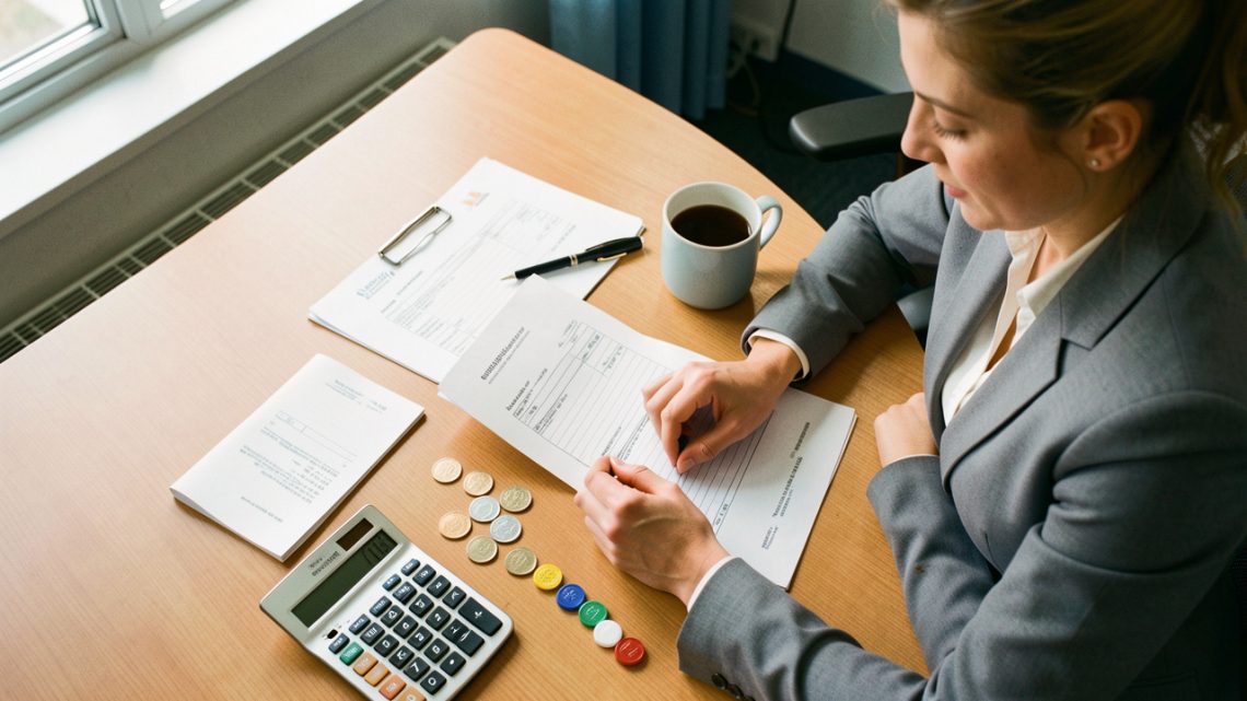 Une consultante organise des factures vierges, des jetons colorés et une calculatrice sur un bureau pour représenter le calcul du coût d’acquisition client d’une agence de services.