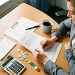Une consultante organise des factures vierges, des jetons colorés et une calculatrice sur un bureau pour représenter le calcul du coût d’acquisition client d’une agence de services.