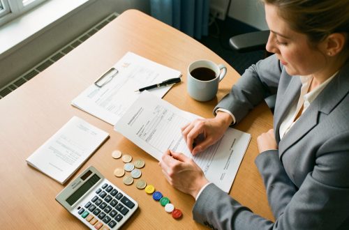 Une consultante organise des factures vierges, des jetons colorés et une calculatrice sur un bureau pour représenter le calcul du coût d’acquisition client d’une agence de services.