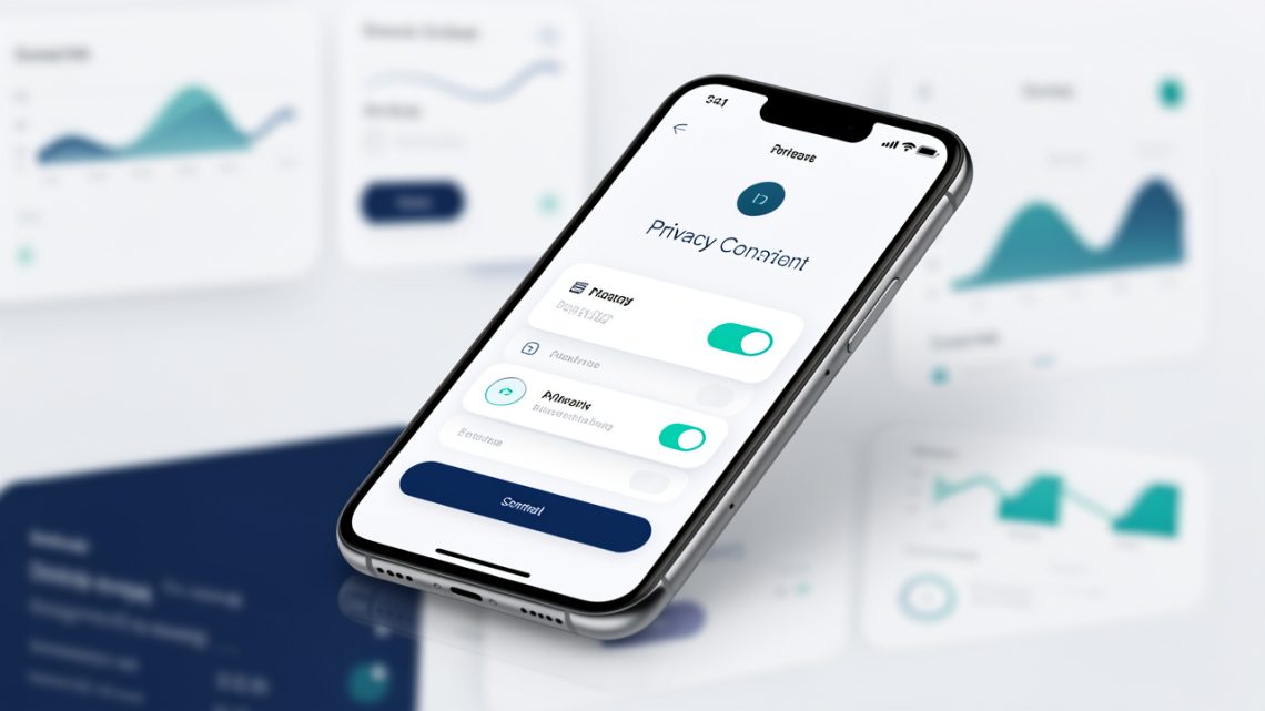 Illustration éditoriale d’un smartphone moderne affichant une interface abstraite de consentement à la confidentialité, avec un tableau de bord marketing flou en arrière-plan.