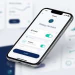 Illustration éditoriale d’un smartphone moderne affichant une interface abstraite de consentement à la confidentialité, avec un tableau de bord marketing flou en arrière-plan.