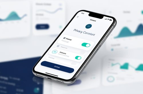 Illustration éditoriale d’un smartphone moderne affichant une interface abstraite de consentement à la confidentialité, avec un tableau de bord marketing flou en arrière-plan.