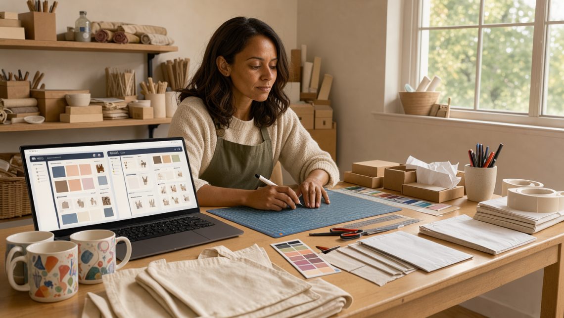 Une entrepreneuse seule compare deux interfaces abstraites de commerce en ligne sur son ordinateur, entourée de produits personnalisés dans un atelier lumineux.