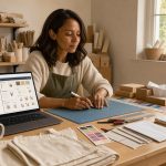 Une entrepreneuse seule compare deux interfaces abstraites de commerce en ligne sur son ordinateur, entourée de produits personnalisés dans un atelier lumineux.