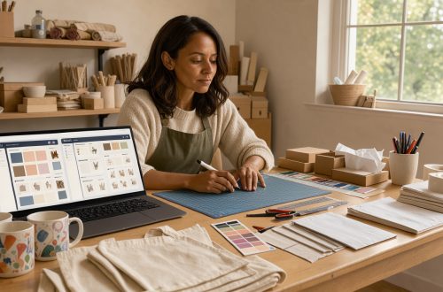 Une entrepreneuse seule compare deux interfaces abstraites de commerce en ligne sur son ordinateur, entourée de produits personnalisés dans un atelier lumineux.