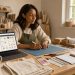 Une entrepreneuse seule compare deux interfaces abstraites de commerce en ligne sur son ordinateur, entourée de produits personnalisés dans un atelier lumineux.