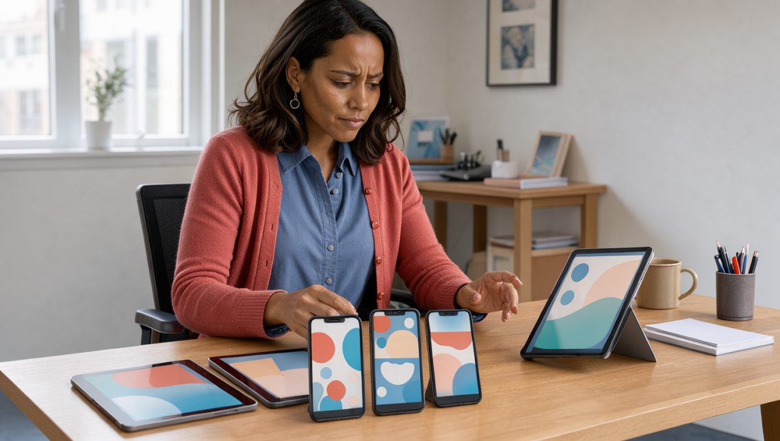 Une entrepreneuse de PME réfléchit devant plusieurs appareils affichant des interfaces abstraites et colorées, symbolisant le choix d’une stratégie sur les réseaux sociaux.