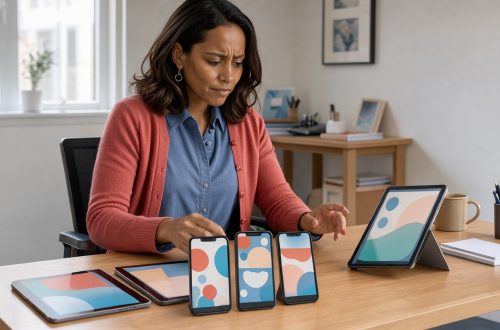 Une entrepreneuse de PME réfléchit devant plusieurs appareils affichant des interfaces abstraites et colorées, symbolisant le choix d’une stratégie sur les réseaux sociaux.
