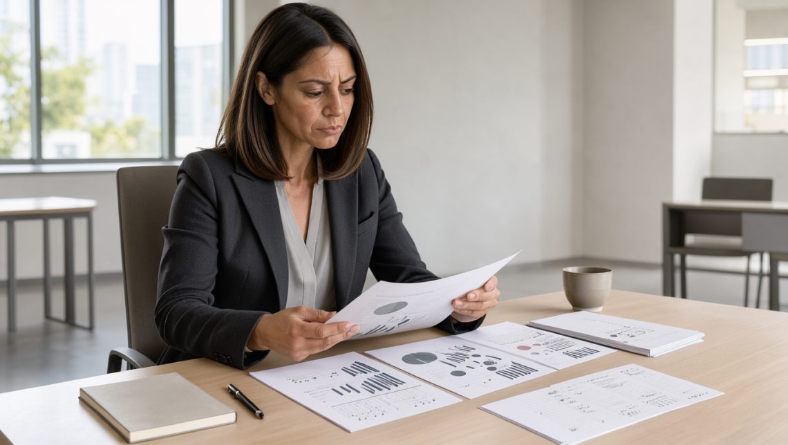 Une professionnelle de 40 ans analyse des documents et des graphiques abstraits sur un bureau lumineux, dans une ambiance sobre et réaliste.