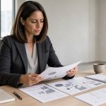 Une professionnelle de 40 ans analyse des documents et des graphiques abstraits sur un bureau lumineux, dans une ambiance sobre et réaliste.
