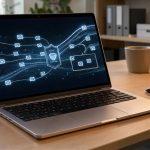Ordinateur portable dans un bureau moderne, avec des symboles abstraits de courriels traversant une passerelle numérique protégée pour illustrer le rétablissement de la délivrabilité.