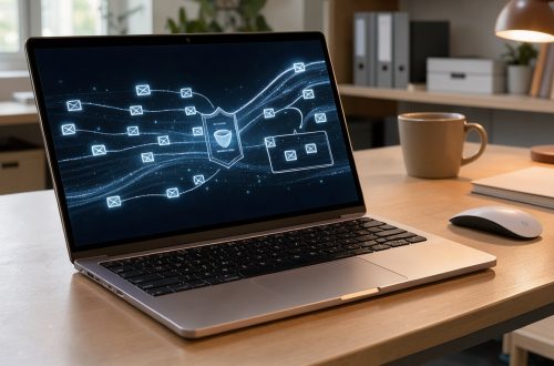 Ordinateur portable dans un bureau moderne, avec des symboles abstraits de courriels traversant une passerelle numérique protégée pour illustrer le rétablissement de la délivrabilité.